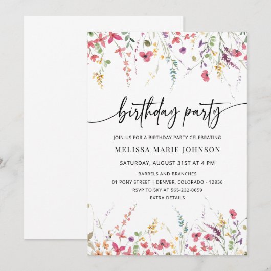 NYRA - Wildflower Verjaardagsfeest nodigen sjabloo Kaart (Voorkant / Achterkant)