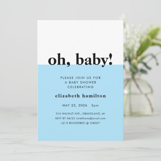 O, baby! Blauwe en witte babyshower uitnodiging (Staand voorkant)
