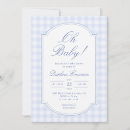 O Baby Blue Gingham Baby Shower Kaart