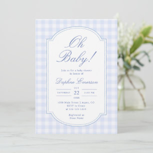 O Baby Blue Gingham Baby Shower Kaart