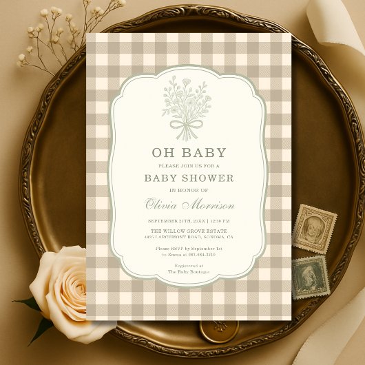 O, baby neutrale geruite babyshower kaart