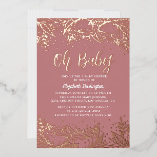 O, baby. Stof roze gouden bloemlijn baby shower Folie Uitnodiging