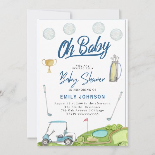 O, baby! Uitnodiging voor een malle golf baby show (Voorkant)