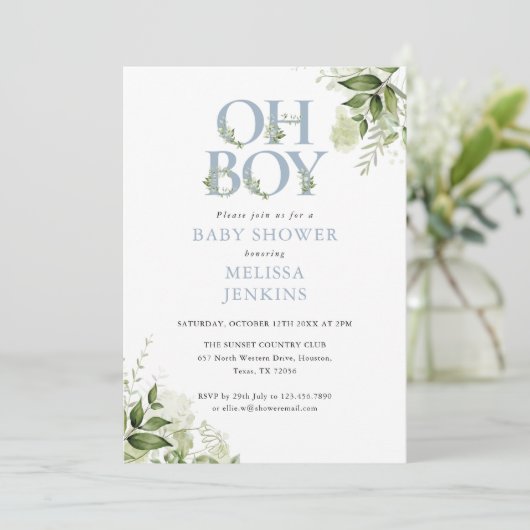 O Boy Groene Stof Blauw All In One Baby Shower Kaart (Staand voorkant)