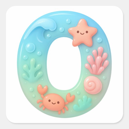 "O" Cute Letter - Underwater Sea Creature  Vierkante Sticker (Voorkant)