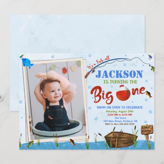 O-fish-all Big ONE verjaardagsuitnodiging Boy foto Kaart (Voorkant / Achterkant)