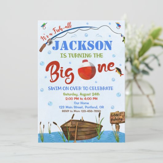 O-fish-all Big ONE verjaardagsuitnodiging Boy Kaart (Staand voorkant)
