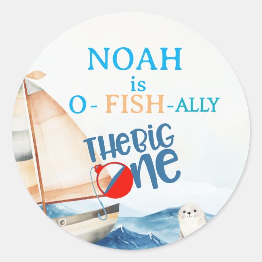 O-Fish-Ally Big One verjaardagsuitnodiging Ronde Sticker (Voorkant)