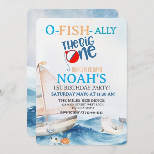 O-Fish-Ally Big One verjaardagsuitnodiging Save The Date (Voorkant / Achterkant)