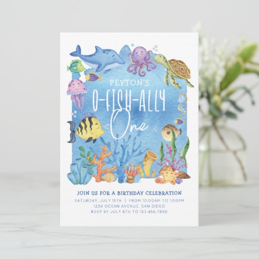 O-fish-ally One Birthday Invitation for any Age Kaart (Staand voorkant)