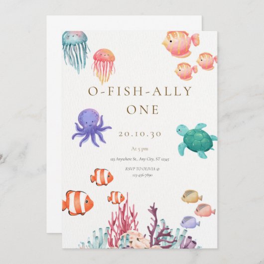 O-Fish-Ally One Birthday Invitation Kaart (Voorkant / Achterkant)
