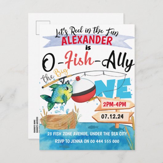 O-Fish-Ally One Vissen 1e Verjaardagsuitnodiging Briefkaart (Voorkant / Achterkant)