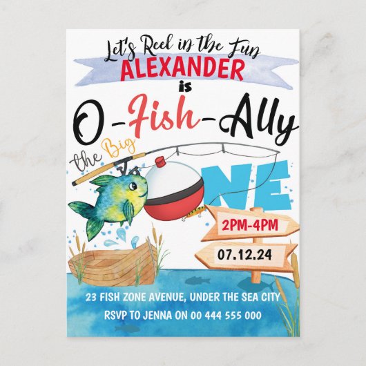 O-Fish-Ally One Vissen 1e Verjaardagsuitnodiging Briefkaart (Voorkant)
