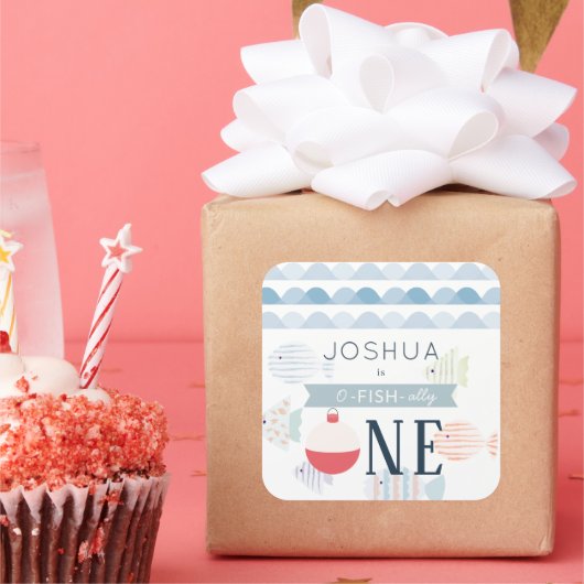 O-fish-ally One Vissen Boy White 1st Birthday Vierkante Sticker (Feest)