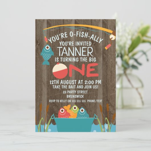 O-Fish-ally One Vist 1e verjaardag uitnodiging (Staand voorkant)