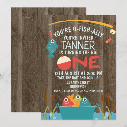 O-Fish-ally One Vist 1e verjaardag uitnodiging (Voorkant / Achterkant)
