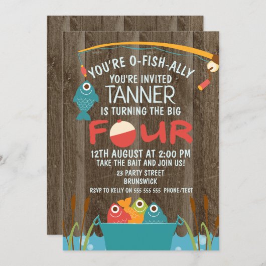 O-Fish-Ally Vier Geviste verjaardagsuitnodiging Kaart (Voorkant / Achterkant)