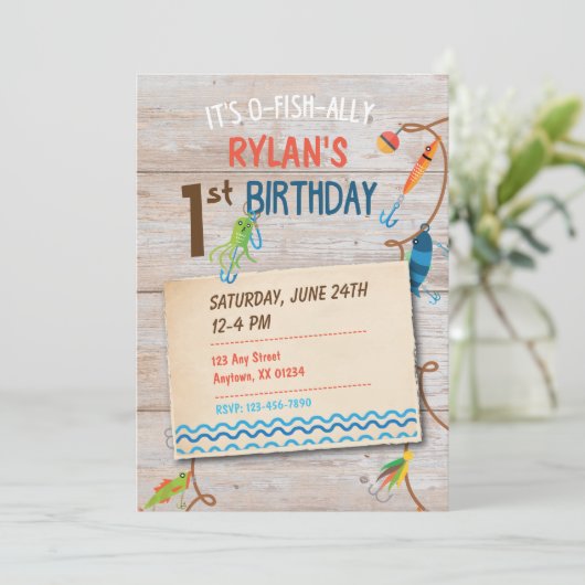 O-Fish-ally Vist Boys First Birthday Invitation Kaart (Staand voorkant)