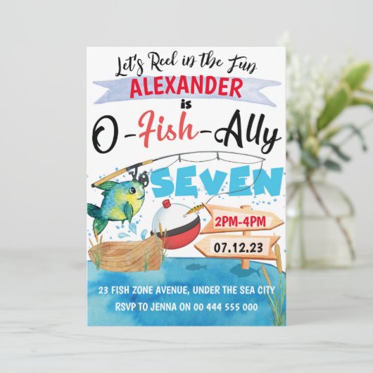 O-Fish-Ally Zeven Gevist 7e Verjaardags Jongen Kaart (Staand voorkant)