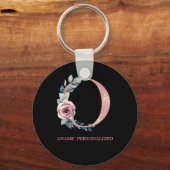 O Floral Monogram Name Letters Roze Agate Sleutelh Sleutelhanger (Voorkant)