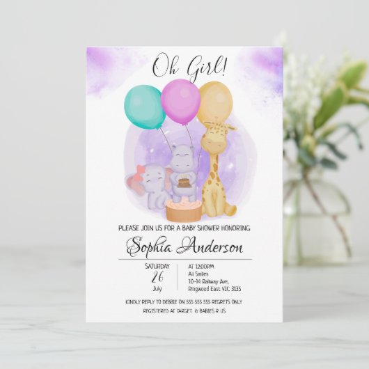 O Girl Elephant Hippo Giraffe Balloons Baby shower Kaart (Staand voorkant)