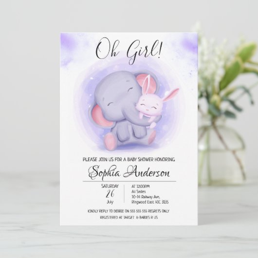 O Girl Rabbit en Elephant Baby shower Kaart (Staand voorkant)