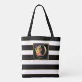 O Gold Floral Monogram | Zwarte witte gouden strep Tote Bag (Achterkant)