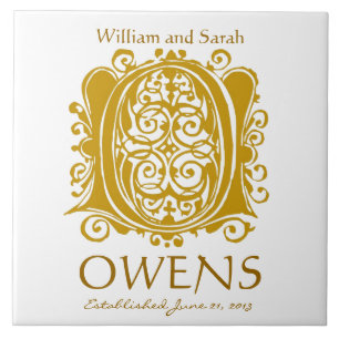 O Gold Monogram op White - Names Wedding Date Tege Tegeltje