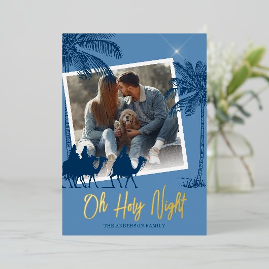 O Heilige Nacht Foto Kerst Goud Folie Feestdagenkaart (Staand Voorkant)