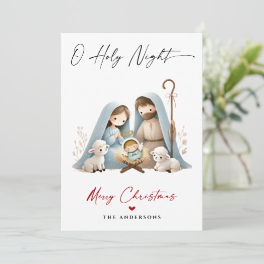 O Heilige Nacht Kerstmis Geboorte Scène Familie Fo Feestdagenkaart (Staand voorkant)
