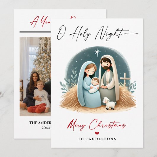 O Heilige Nacht Kerstmis Geboorte Scène Familie Fo Feestdagenkaart (Voorkant / Achterkant)