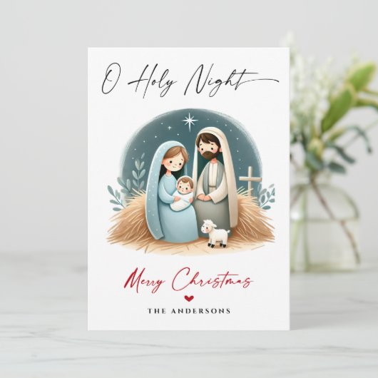 O Heilige Nacht Kerstmis Geboorte Scène Familie Fo Feestdagenkaart (Staand voorkant)