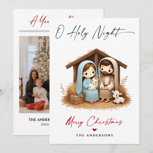 O Heilige Nacht Kerstmis Geboorte Scène Familie Fo Feestdagenkaart (Voorkant / Achterkant)