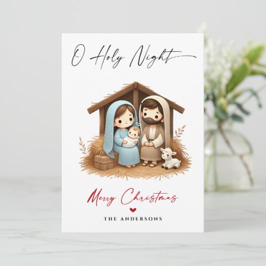 O Heilige Nacht Kerstmis Geboorte Scène Familie Fo Feestdagenkaart (Staand voorkant)