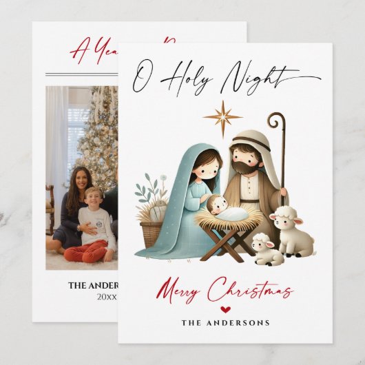 O Heilige Nacht Kerstmis Geboorte Scène Familie Fo Feestdagenkaart (Voorkant / Achterkant)