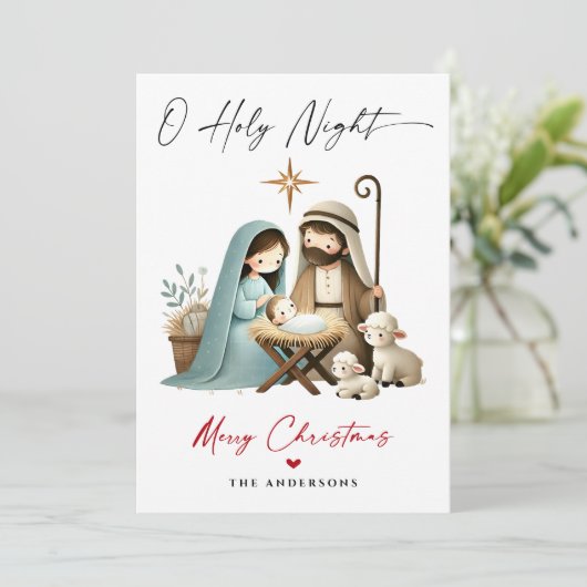 O Heilige Nacht Kerstmis Geboorte Scène Familie Fo Feestdagenkaart (Staand voorkant)