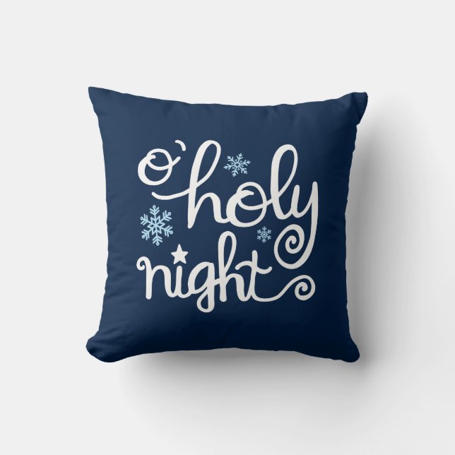 O Heilige Nacht Modern Hand Lettered Kerstblauw Kussen (Voorkant)