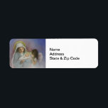 O Heilige Night Etiket<br><div class="desc">Mary cradles haar pasgeboren zoon,  Jezus,  onder de adorerende blik van een engel. Oorspronkelijk olieschilderij van kunstenaar Liz Viztes. Vakantiekaart voor 2022.</div>