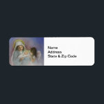 O Heilige Night Etiket<br><div class="desc">Mary cradles haar pasgeboren zoon,  Jezus,  onder de adorerende blik van een engel. Oorspronkelijk olieschilderij van kunstenaar Liz Viztes. Vakantiekaart voor 2022.</div>