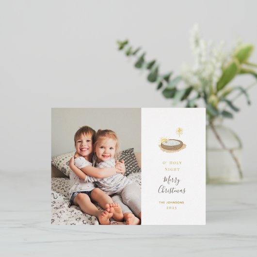 O' Heilige Night Natitivity en Fotokerstgoud Folie Feestdagen Briefkaart (Staand Voorkant)