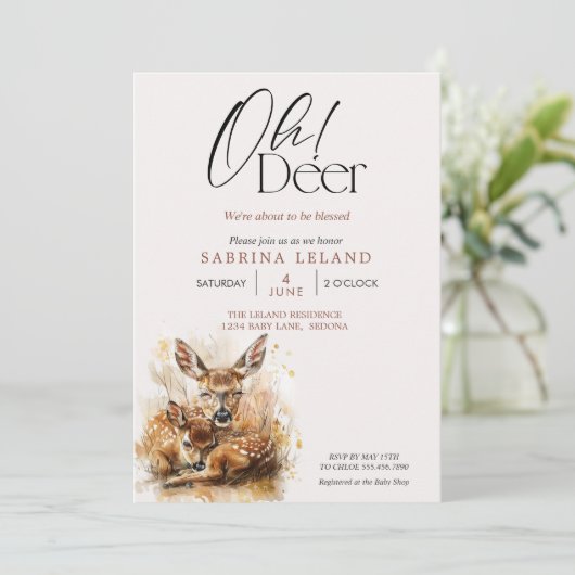 O hert! Waterverf Fawn en Doe Baby shower Kaart (Staand voorkant)