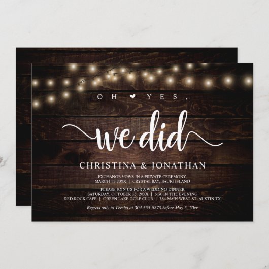 O ja, dat deden we, Rustic Elopement Party Kaart (Voorkant / Achterkant)