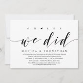 O ja, we deden het, huwelijksvlucht dinerfeest kaart (Voorkant)