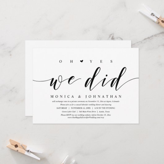 O ja, we deden het, huwelijksvlucht dinerfeest kaart (Voorkant / Achterkant in situ)