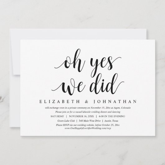 O ja, we deden het, trouw elopement diner dansen kaart (Voorkant)