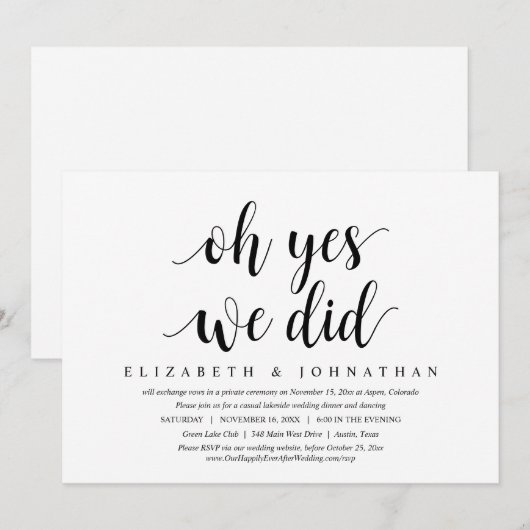 O ja, we hebben het gedaan, huwelijksvlucht diner  kaart (Voorkant / Achterkant)