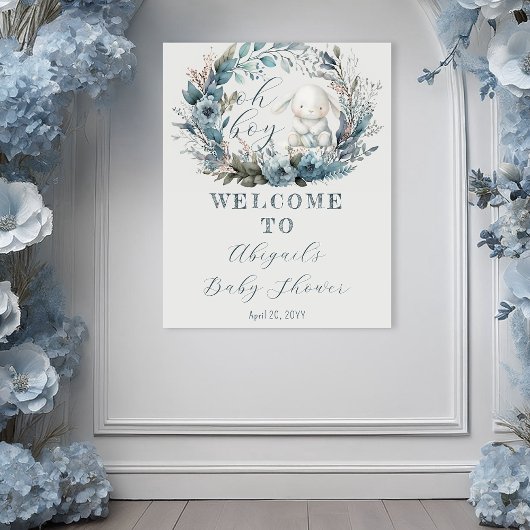 O jong konijn blauwe bloemenkrans baby shower poster