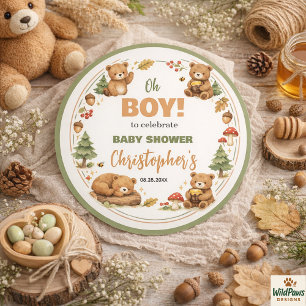 O Jongen Aquarel Bos Beer Baby Shower Ronde Sticker