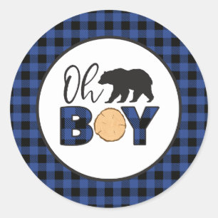 O jongen beer blauw Buffalo geruite baby shower Ronde Sticker