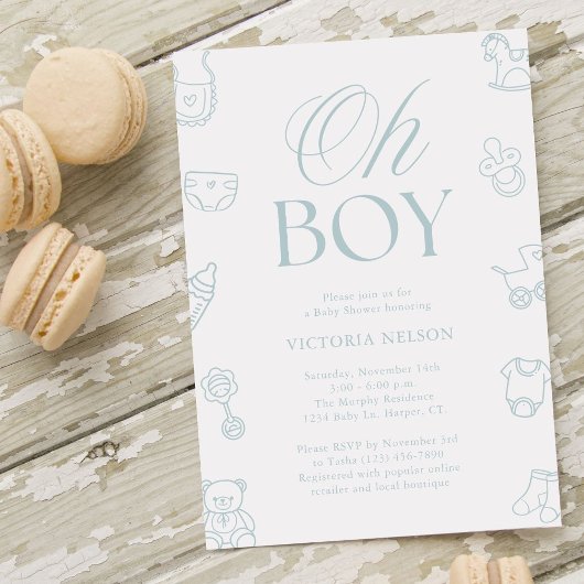 O jongen blauwe handgetekende babyshower kaart